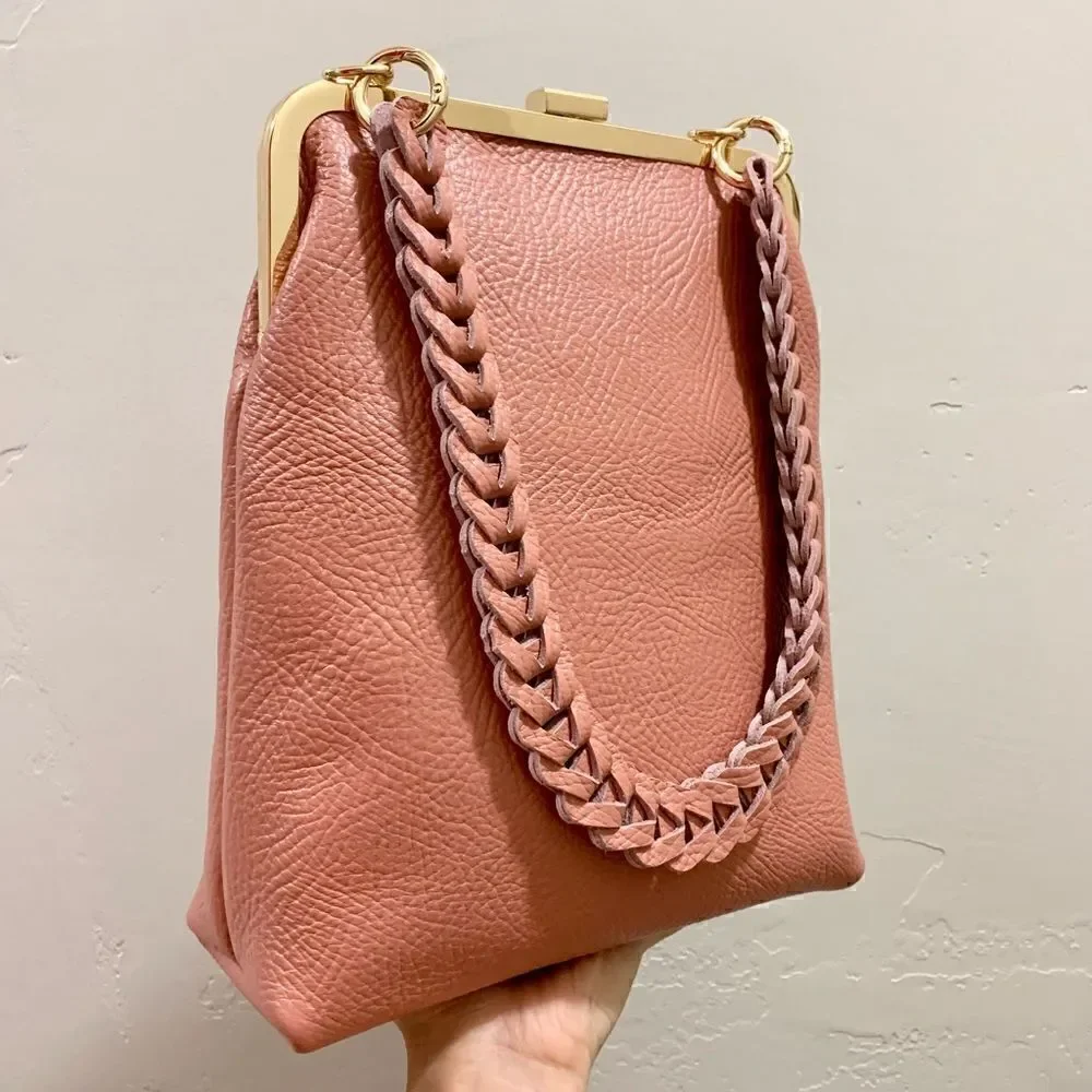 Handmade Genuine Cowhide Leather Metal Frame Push-lock Shoulder Bag/Crossbody